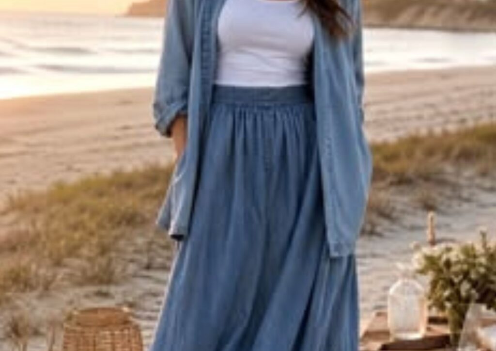 woman wearing a denim maxi skirt and denim shirt