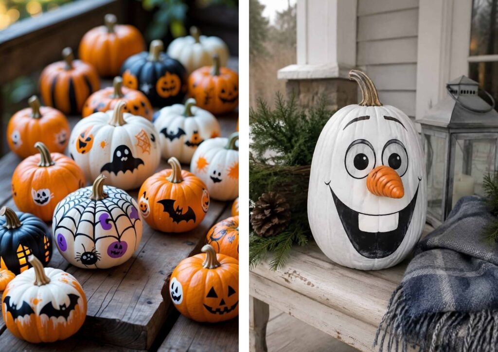Toddler painting a pumpkin for Halloween