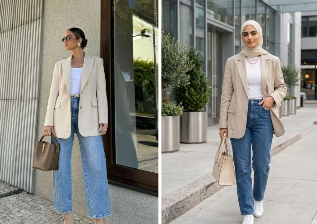 beige blazer with blue jeans modest outfit