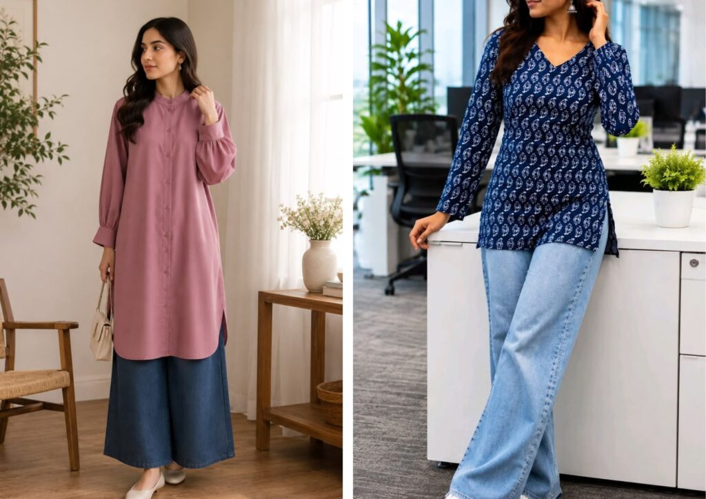 modest business casual jeans outfit with long tunic