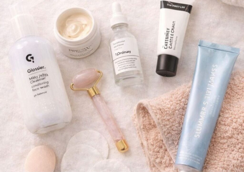 Skincare routine with cleanser moisturizer and sunscreen before foundation application