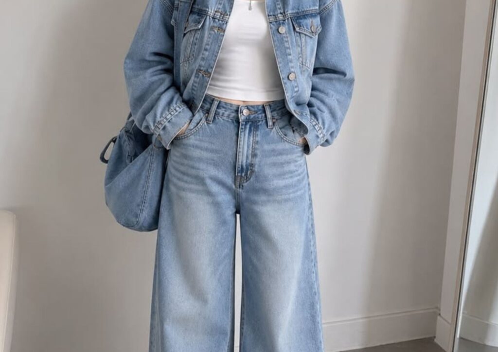 woman wearing wide-leg jeans with a denim jacket