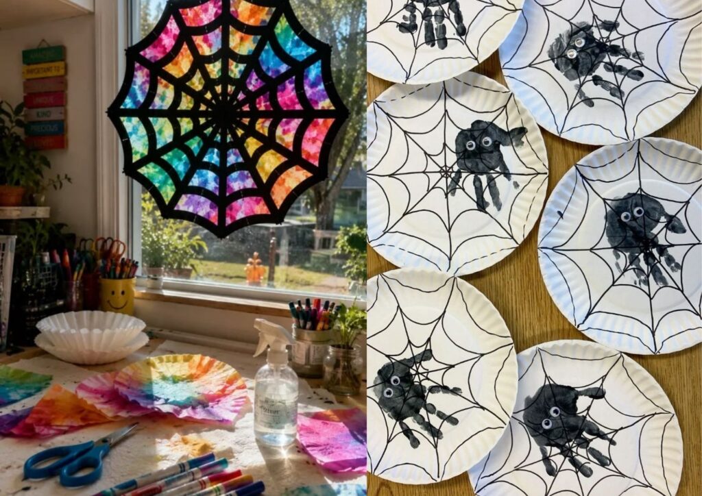Toddler making a Halloween spider web craft