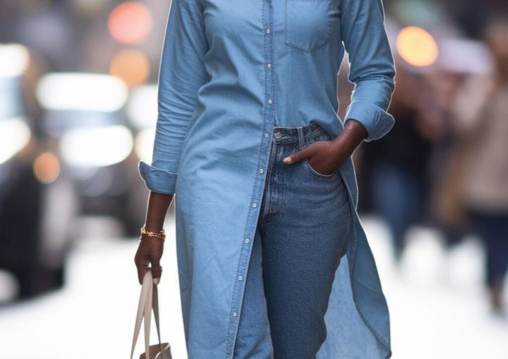 Denim Shirt Dress Over Denim Trousers