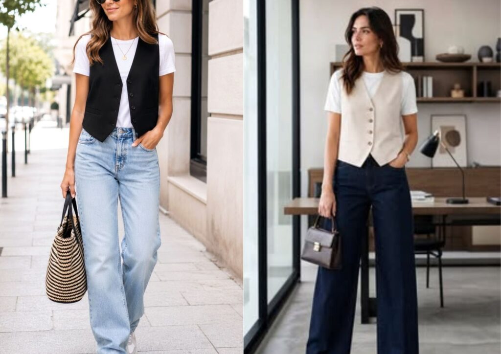 modest jeans outfit with blouse and longline vest
