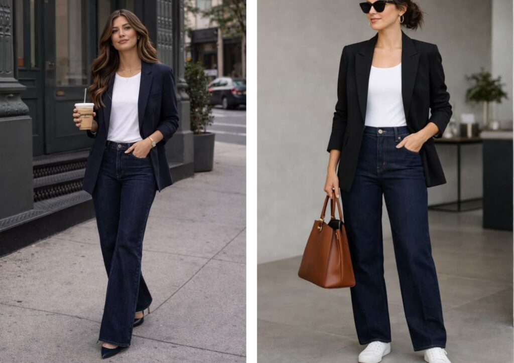 dark jeans with structured blazer for business casual