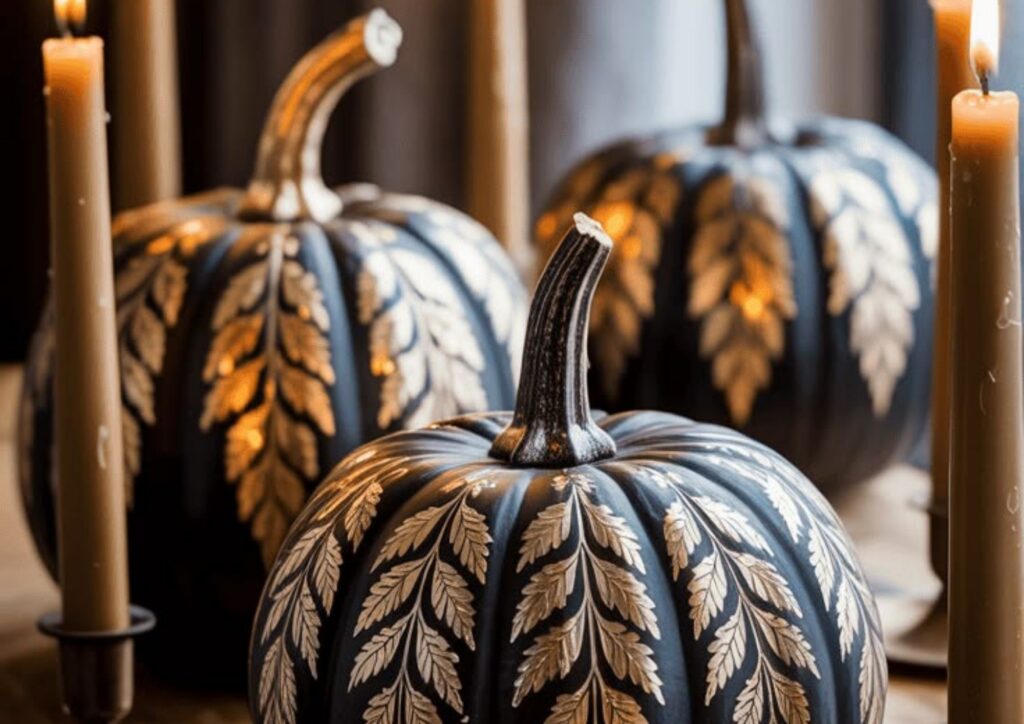 Toddler decorating a pumpkin for Halloween