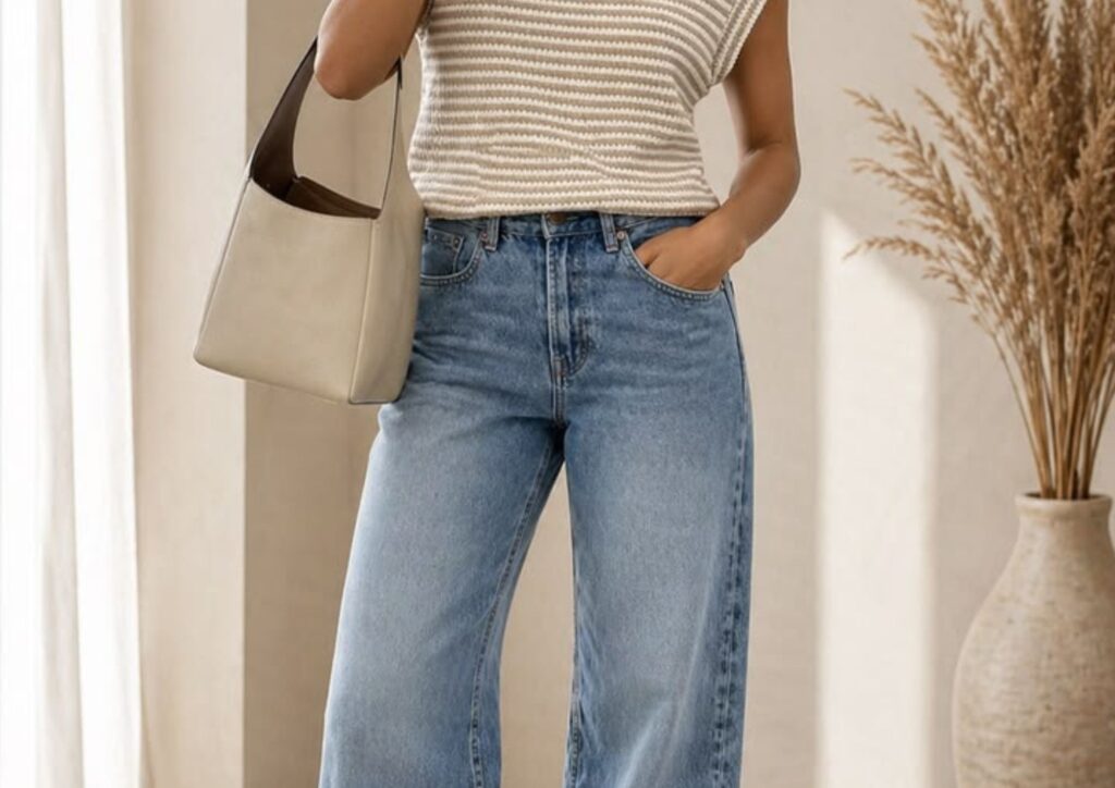 wide-leg jeans and knit top modest outfit