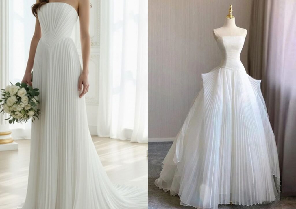 pleated tulle wedding dress with a full flowing skirt