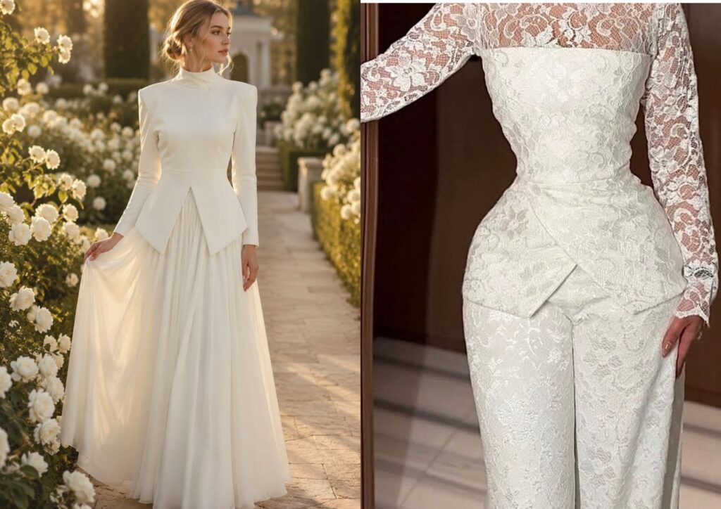 two-piece modest bridal outfit with a long-sleeve top and skirt