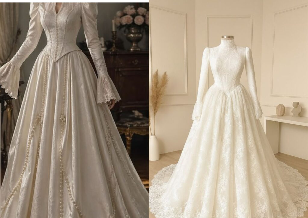 vintage-inspired modest wedding dress with covered buttons