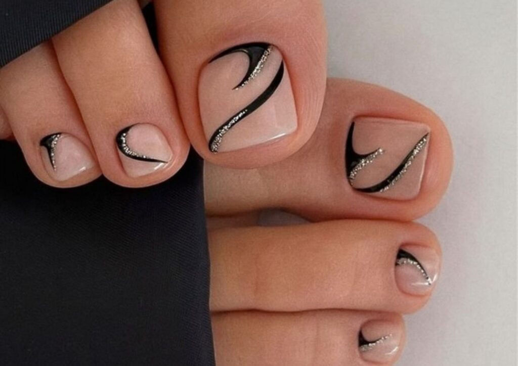 Abstract wedding toenails idea with neutral polish and delicate nail art