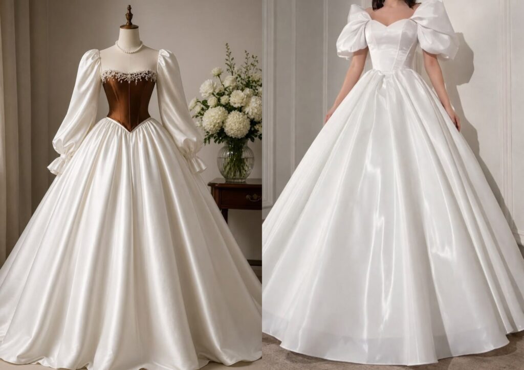 satin ball gown with bishop sleeves for a modest bridal look