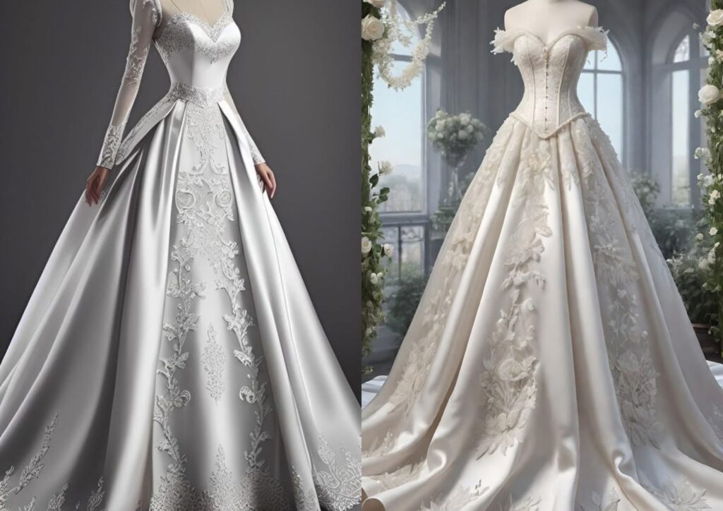 ivory brocade wedding gown with long sleeves