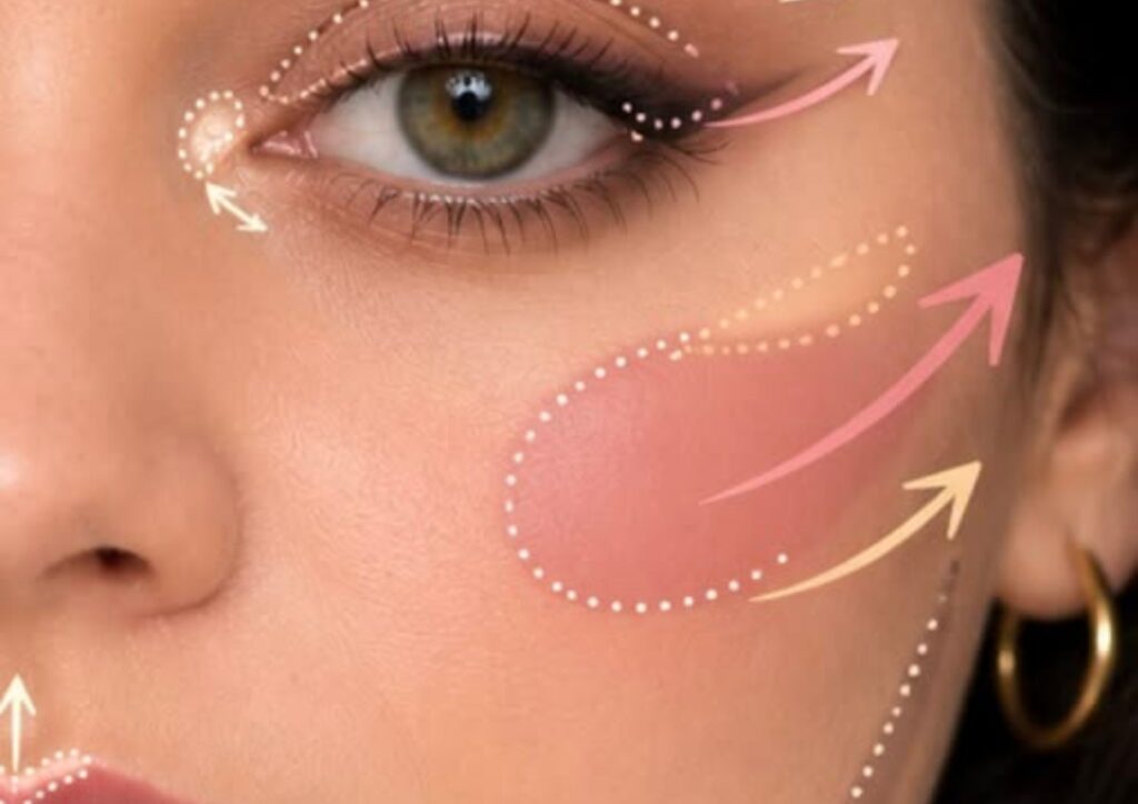 Blush placement on a round face