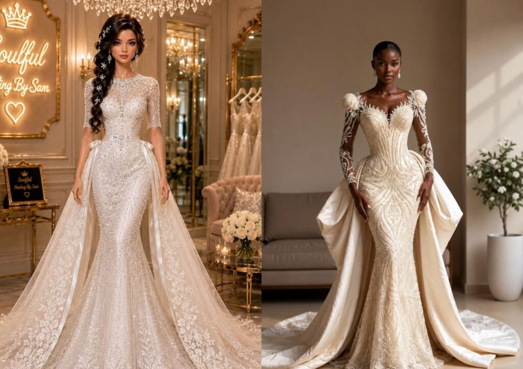 modest mermaid wedding dress with a detachable overskirt