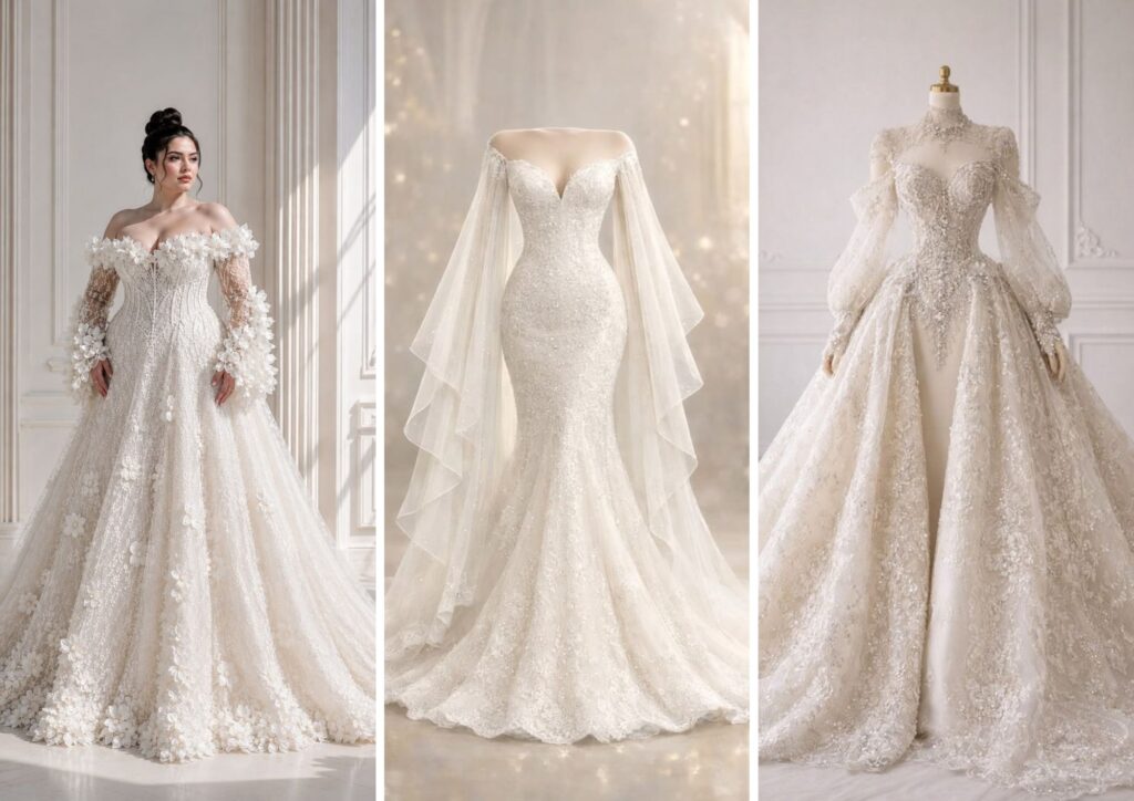 modest wedding dress with dramatic bishop sleeves