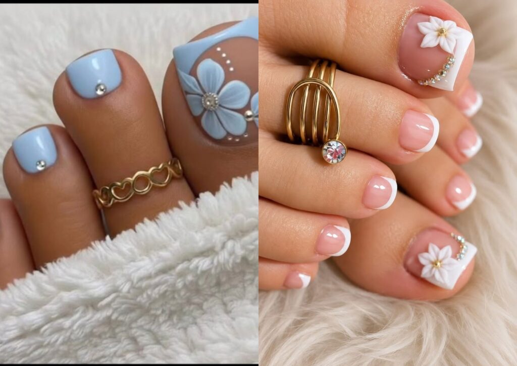 Glossy nude pedicure for a natural bridal look