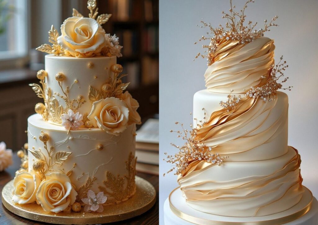 elegant three-tier wedding cake with gold details