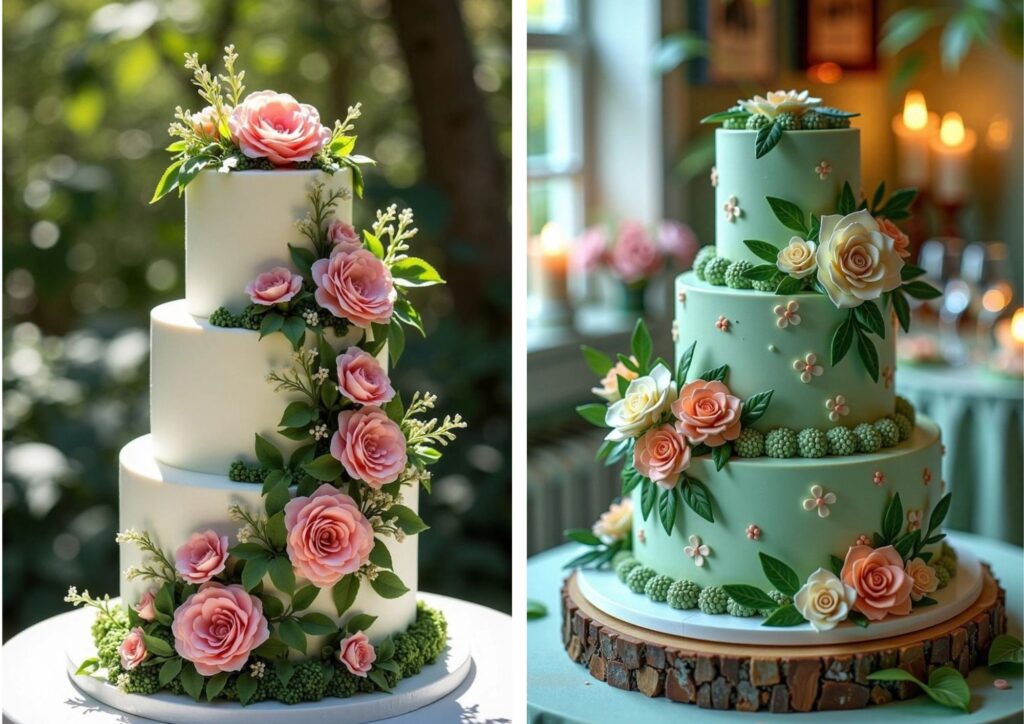 three-tier wedding cake decorated with greenery