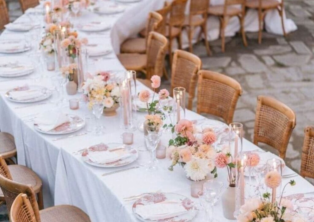 Long wedding reception tables arranged for 50 guests