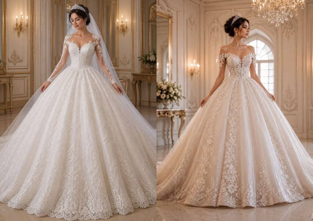 princess wedding gown with embroidered bodice and full skirt