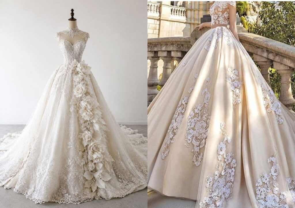 floral appliqué wedding dress with a modest neckline