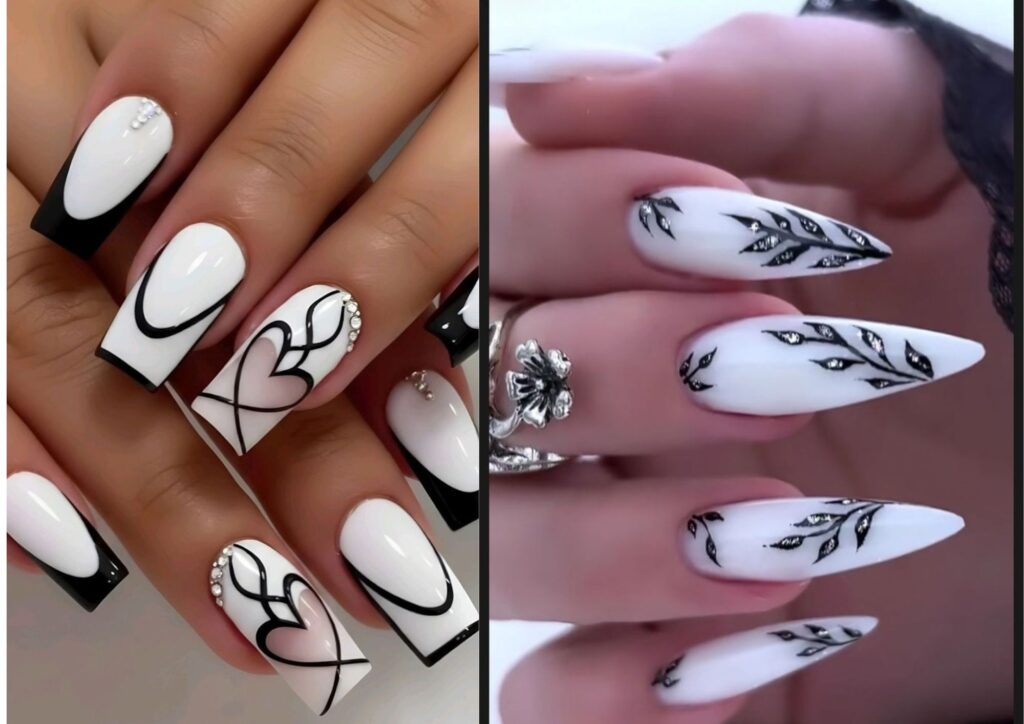Black and white wedding nails with minimalist nail art