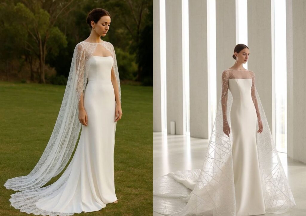 minimalist wedding gown with a lace bridal overlay