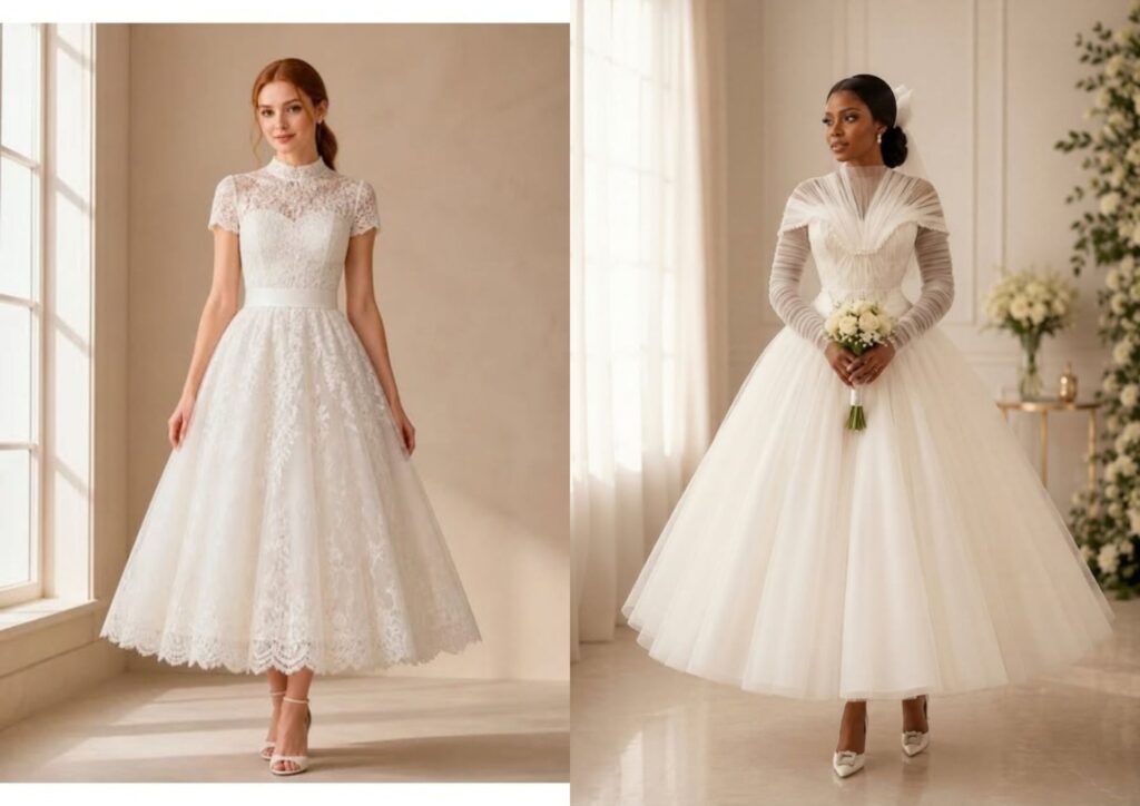 tea-length modest wedding dress with a full skirt