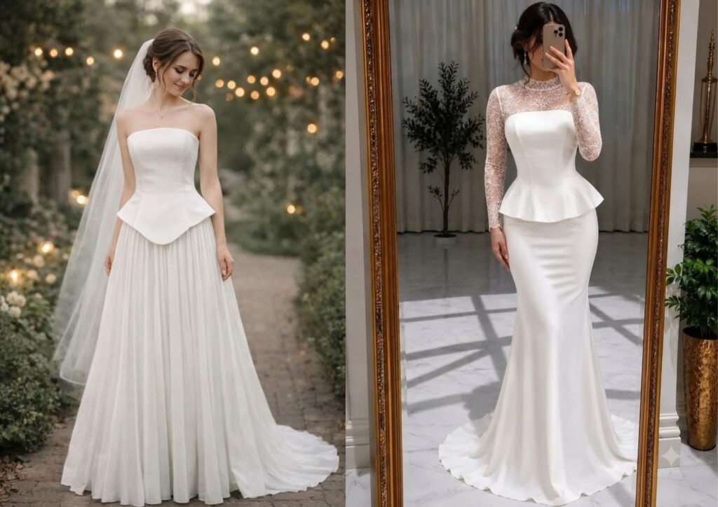 modest wedding dress with a structured peplum bodice