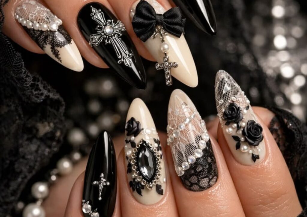 Black wedding nails decorated with delicate pearl details