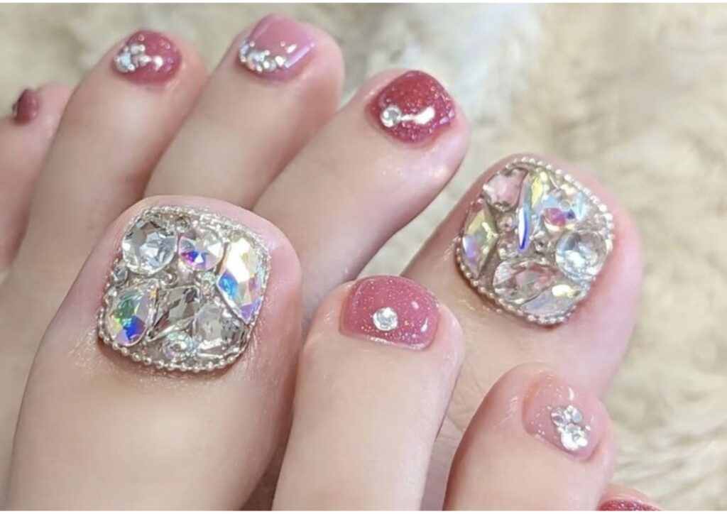 Bridal pedicure with tiny rhinestone accents