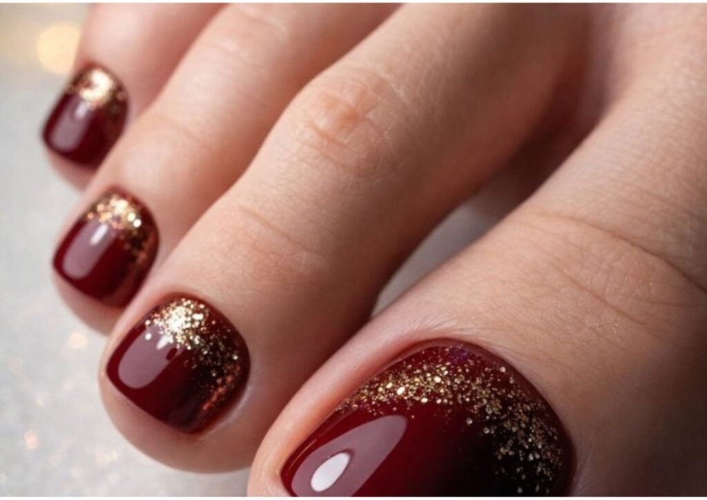 Burgundy wedding toenails with a deep glossy red finish