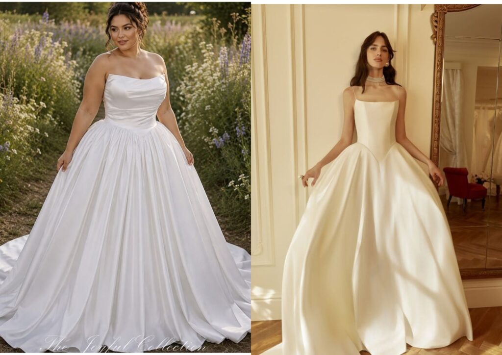 basque-waist wedding gown with a full bridal skirt