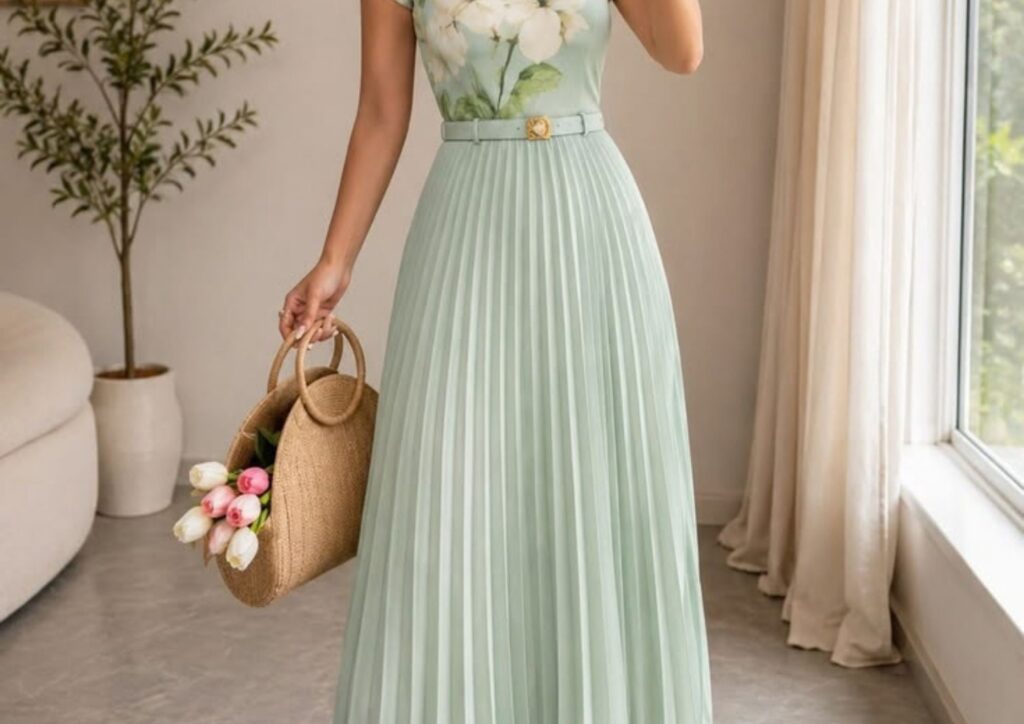 Pleated midi dress for a wedding guest