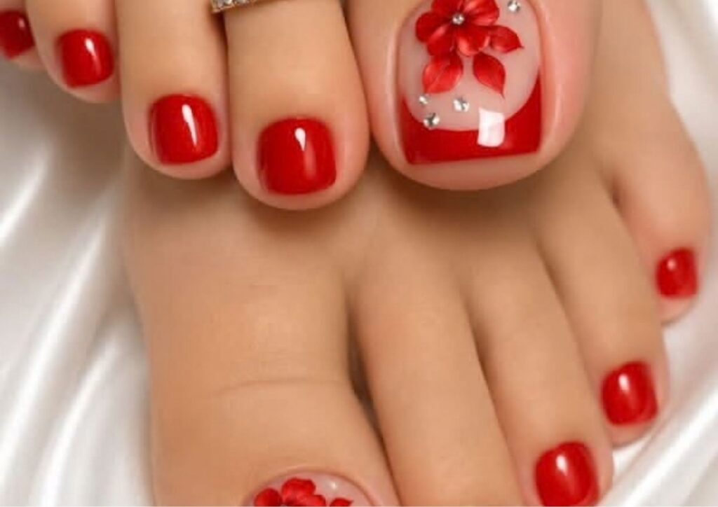 Classic red wedding toenails with a glossy finish