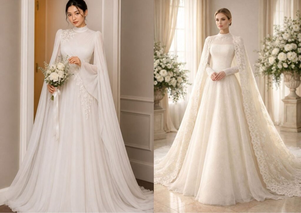 modest wedding dress with a floor-length bridal cape