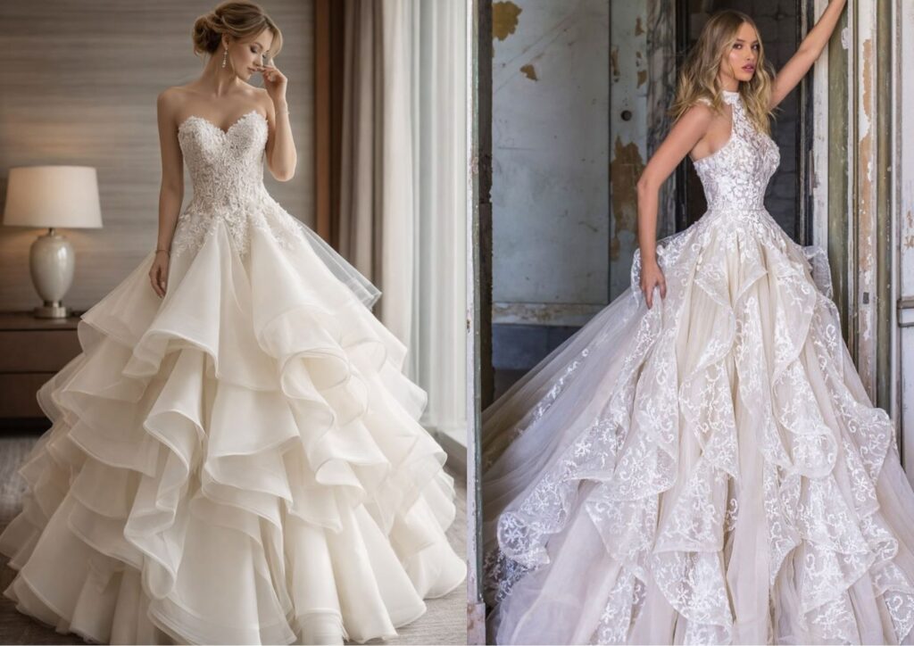 layered tulle wedding dress with a modest long-sleeve bodice