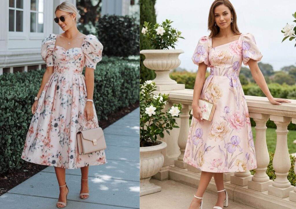Bridal shower dress ideas featuring a floral tea-length dress for a garden shower