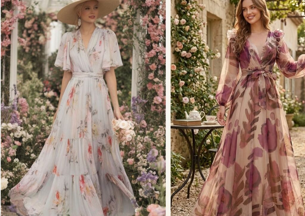 Flowing maxi bridal shower dress for an outdoor celebration