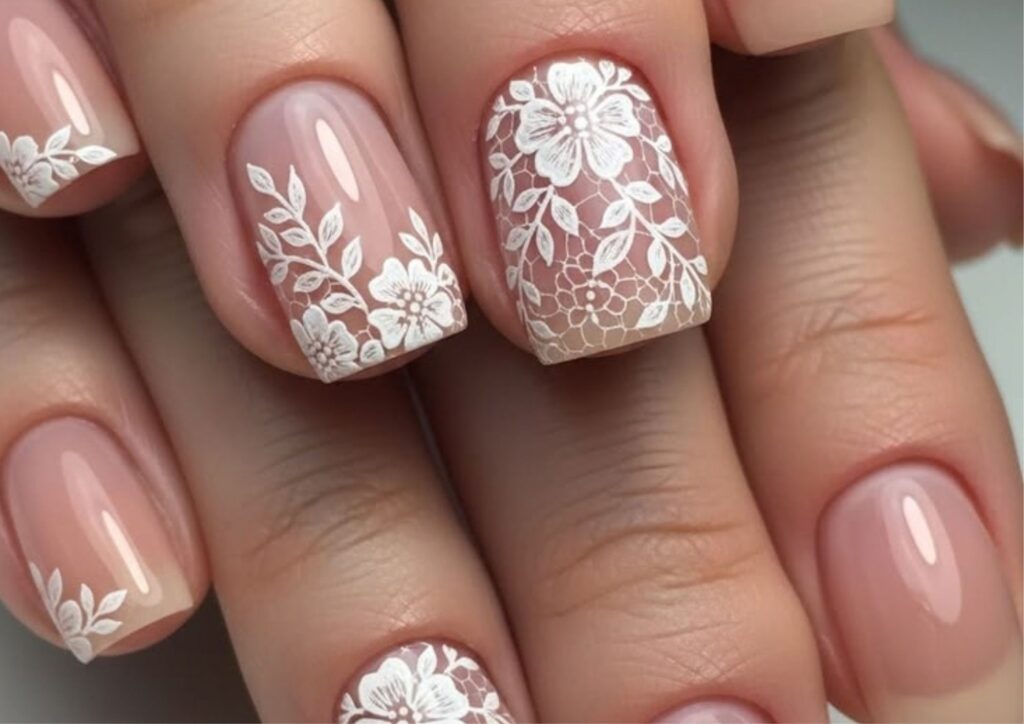 Lace-inspired short wedding nail design for a bride