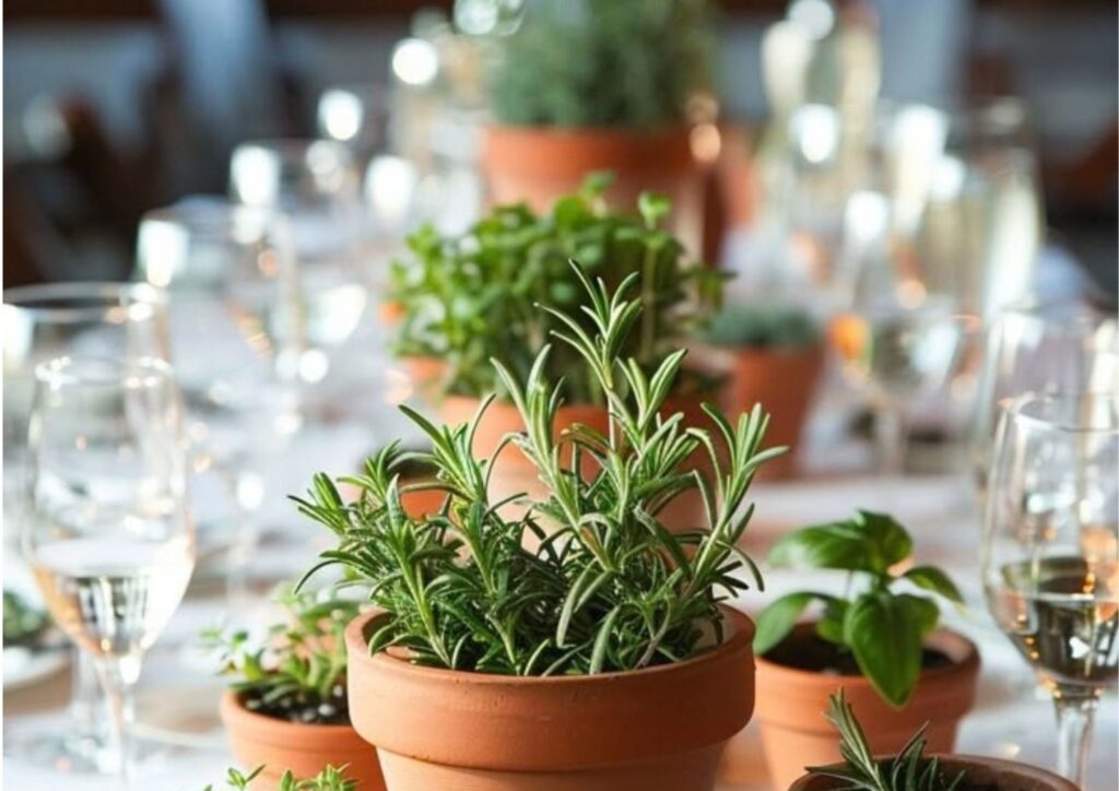 Mini herb pots arranged as a natural wedding table centerpiece