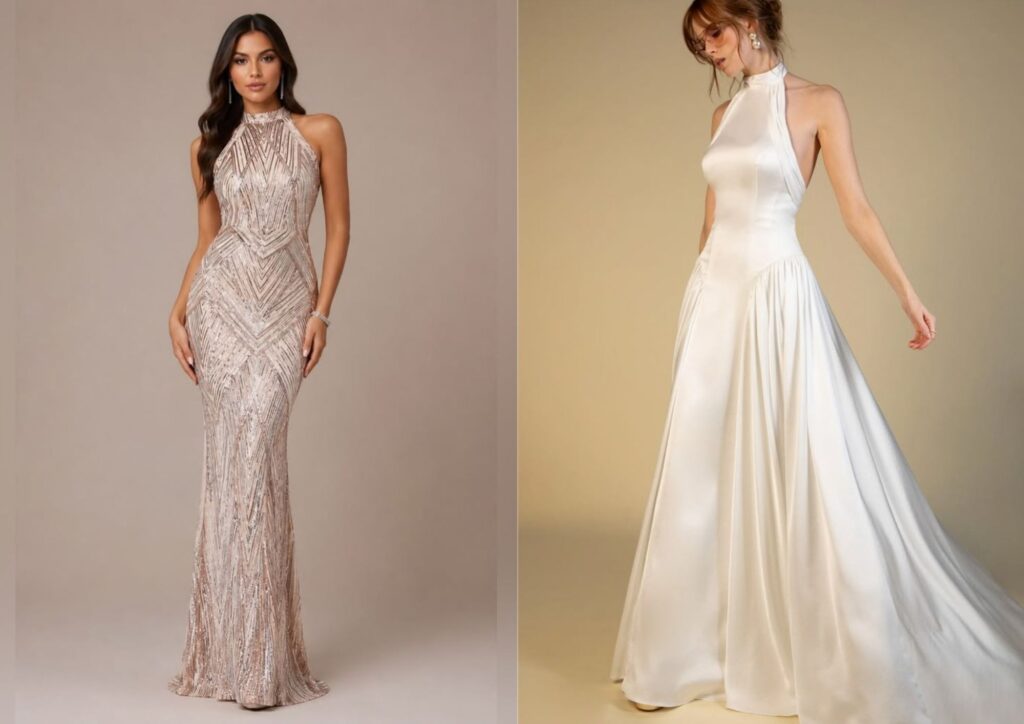 Halter-neck bridal shower dress with a modern bridal look