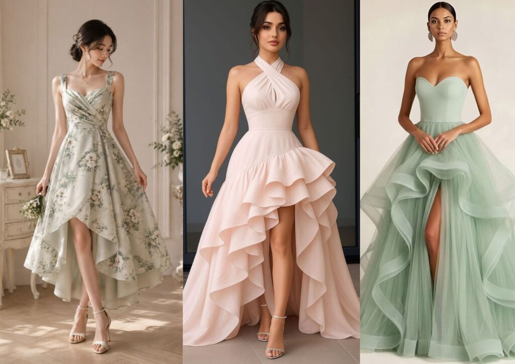 Bridal shower dress ideas featuring a playful high-low hem dress