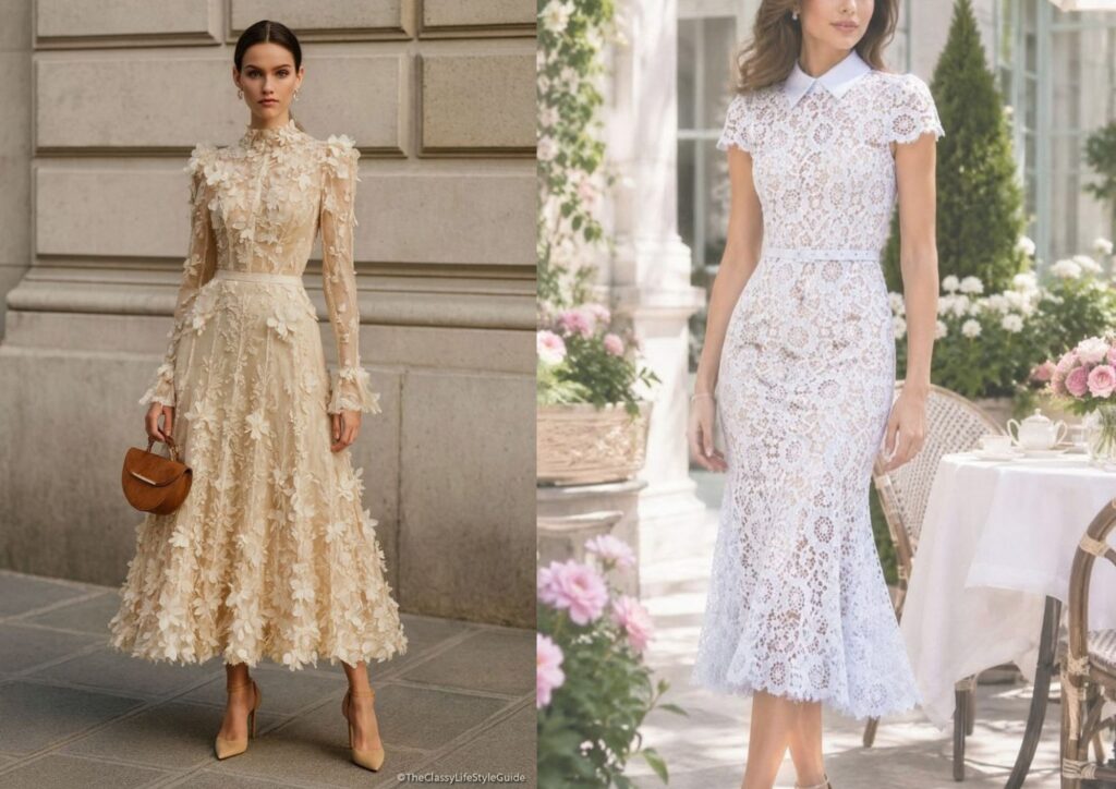 Bridal shower dress ideas with a romantic lace midi dress