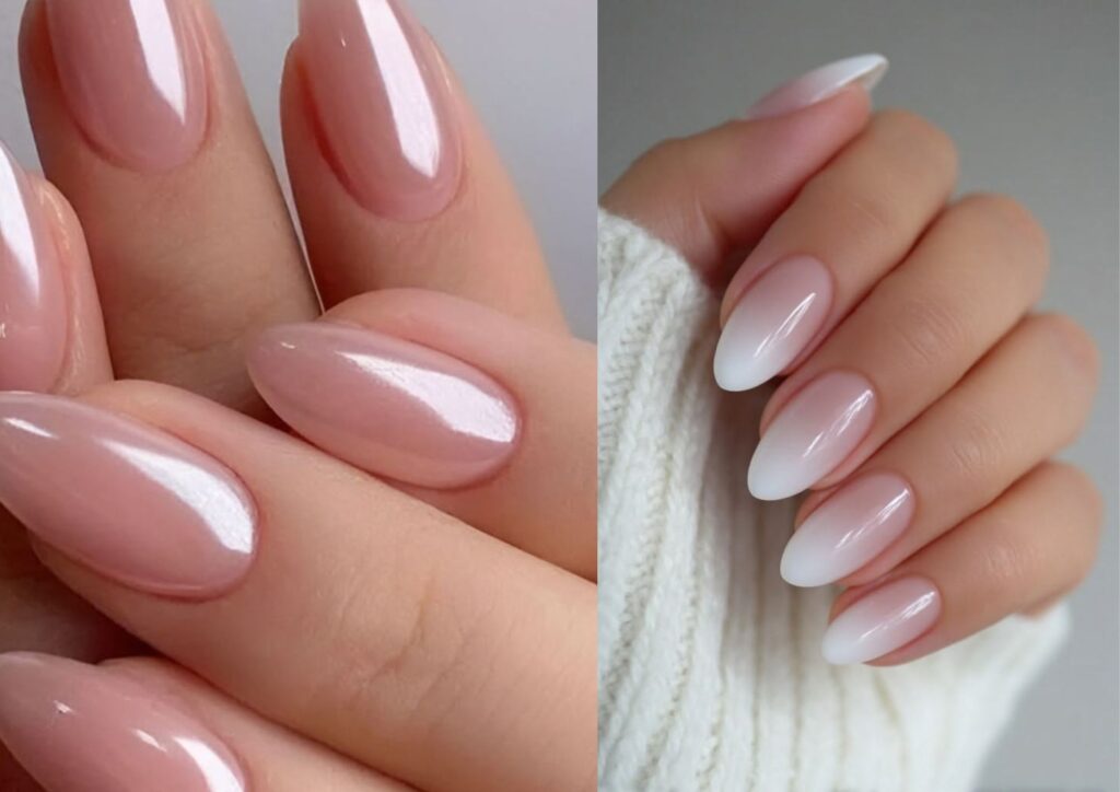 Wedding guest nail ideas featuring short almond-shaped nude nails