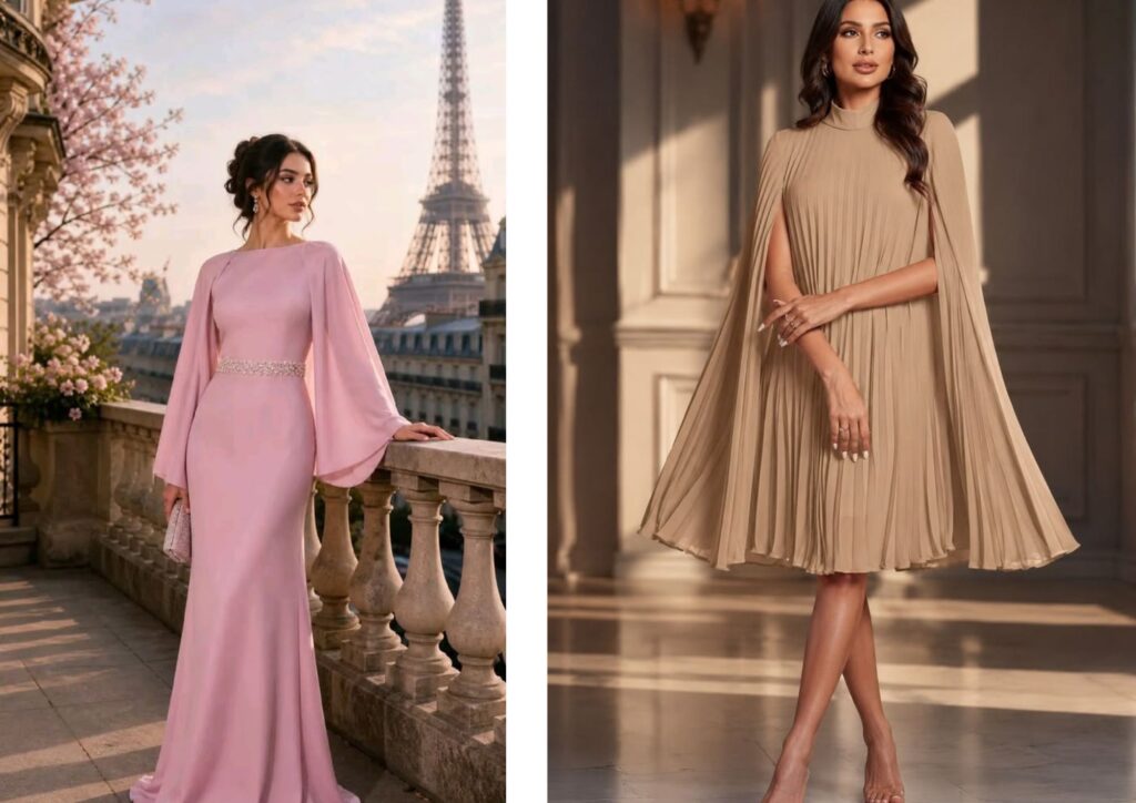 Cape-sleeve bridal shower dress for a sophisticated celebration