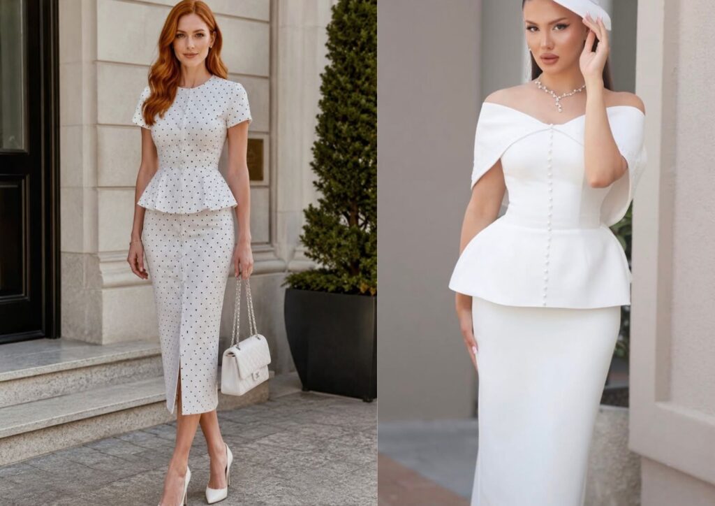 Bridal shower dress ideas with a structured peplum dress