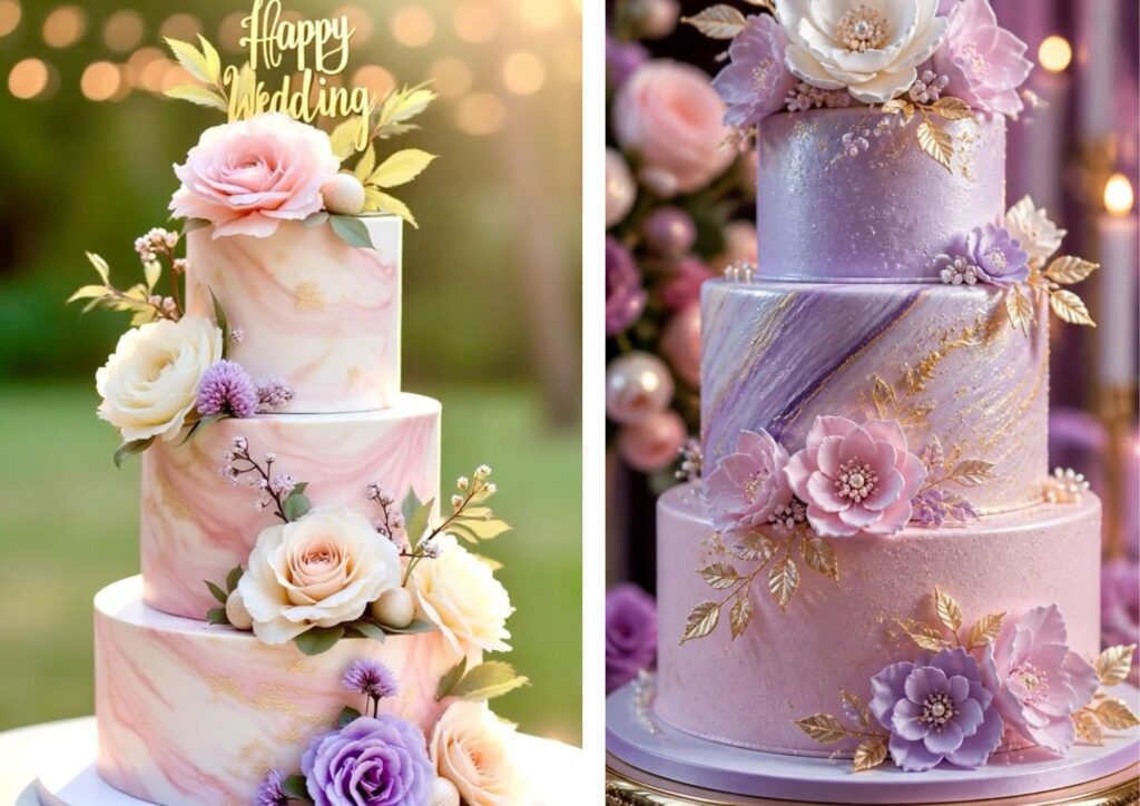 three-tier wedding cake decorated with fresh flowers